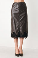 A brown faux-leather midi skirt with a black lace hem | FREEMARKET