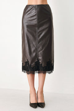 A brown faux-leather midi skirt with a black lace hem | FREEMARKET