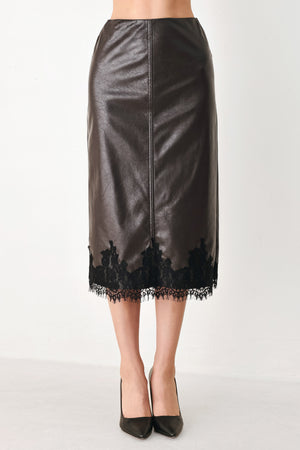 A brown faux-leather midi skirt with a black lace hem | FREEMARKET