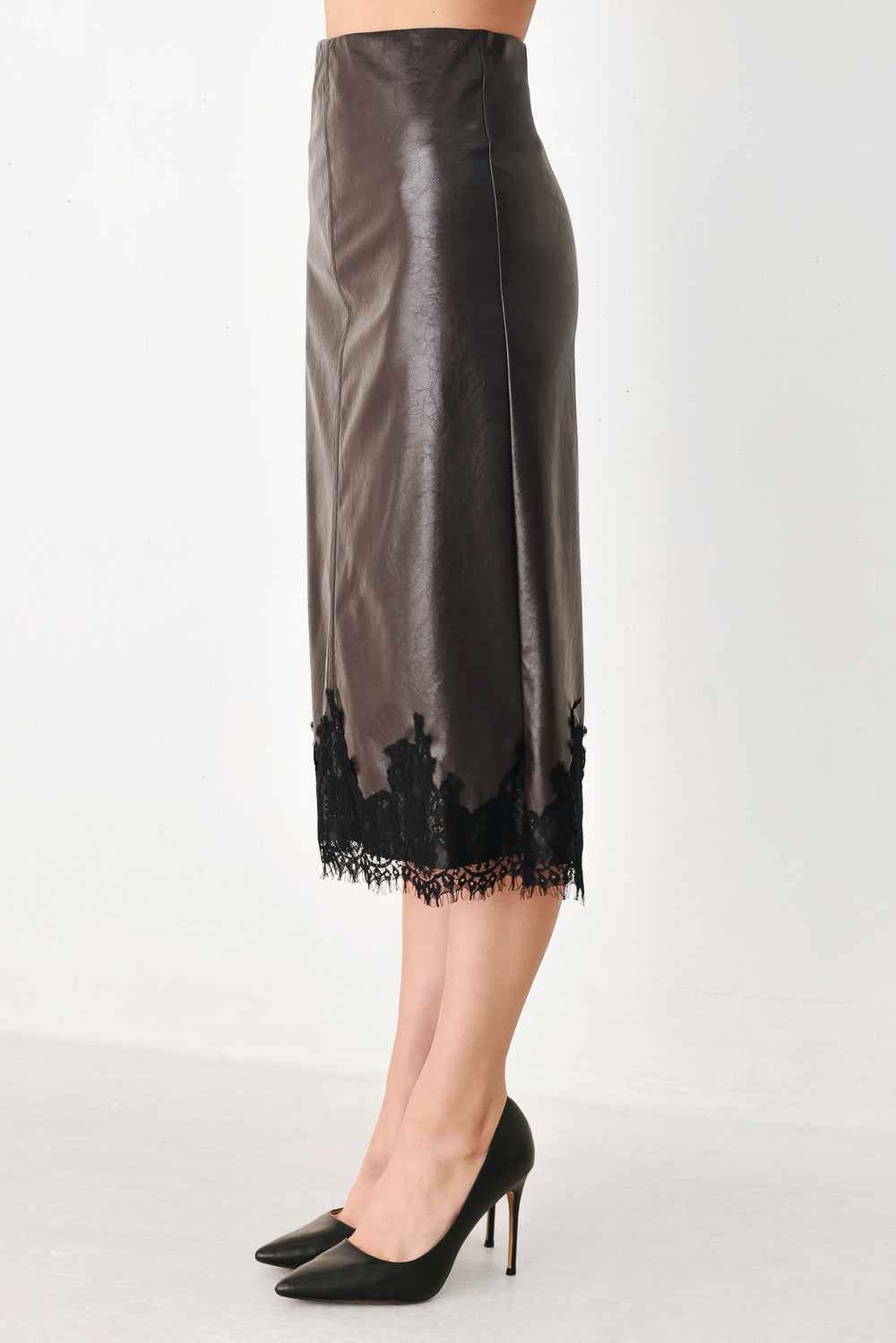 A brown faux-leather midi skirt with a black lace hem | FREEMARKET