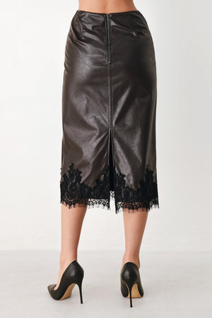 A brown faux-leather midi skirt with a black lace hem | FREEMARKET