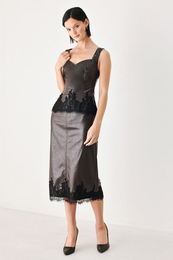 A brown faux-leather midi skirt with a black lace hem | FREEMARKET