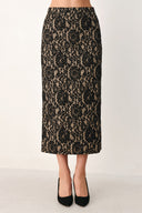 A model wearing a black lace midi skirt | Flying Tomato