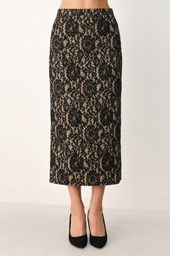 A model wearing a black lace midi skirt | Flying Tomato