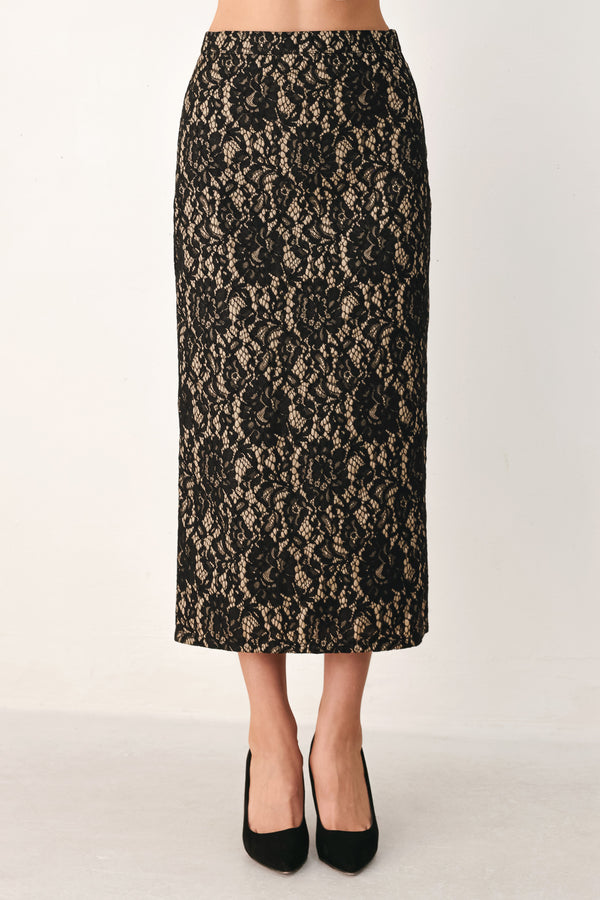 A model wearing a black lace midi skirt | Flying Tomato