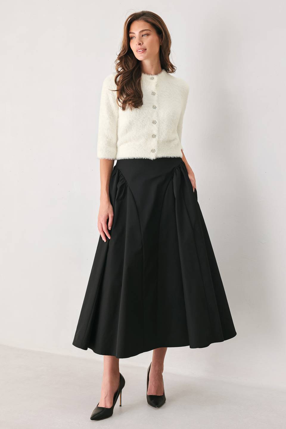 SCULPTED NOIR BLACK/BURGUNDY SHIRRED MIDI SKIRT