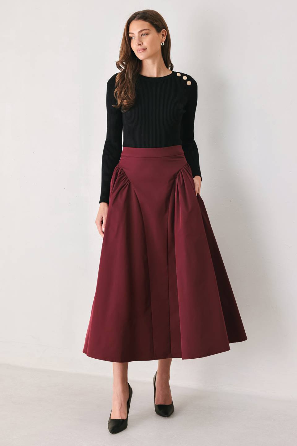 SCULPTED NOIR BLACK/BURGUNDY SHIRRED MIDI SKIRT