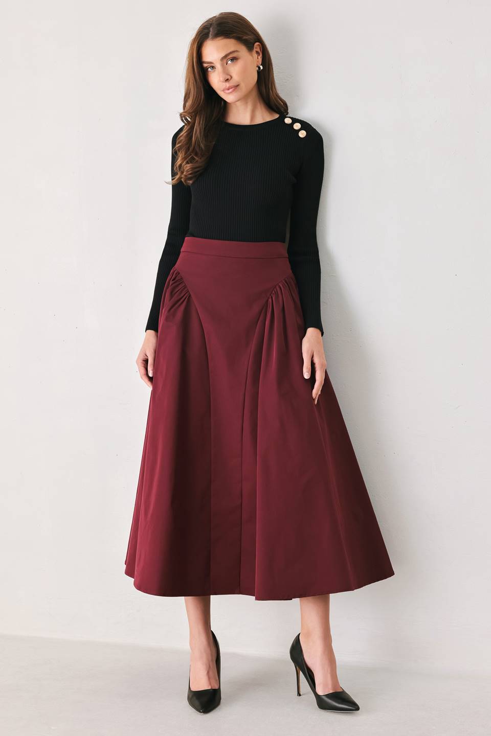SCULPTED NOIR BLACK/BURGUNDY SHIRRED MIDI SKIRT