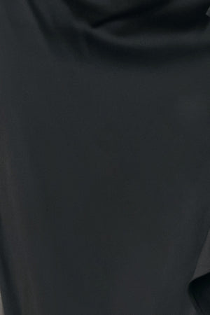 A black midi skirt with a draped, gathered waist and cascading ruffle detail along the side, shown on a model | FREEMARKET