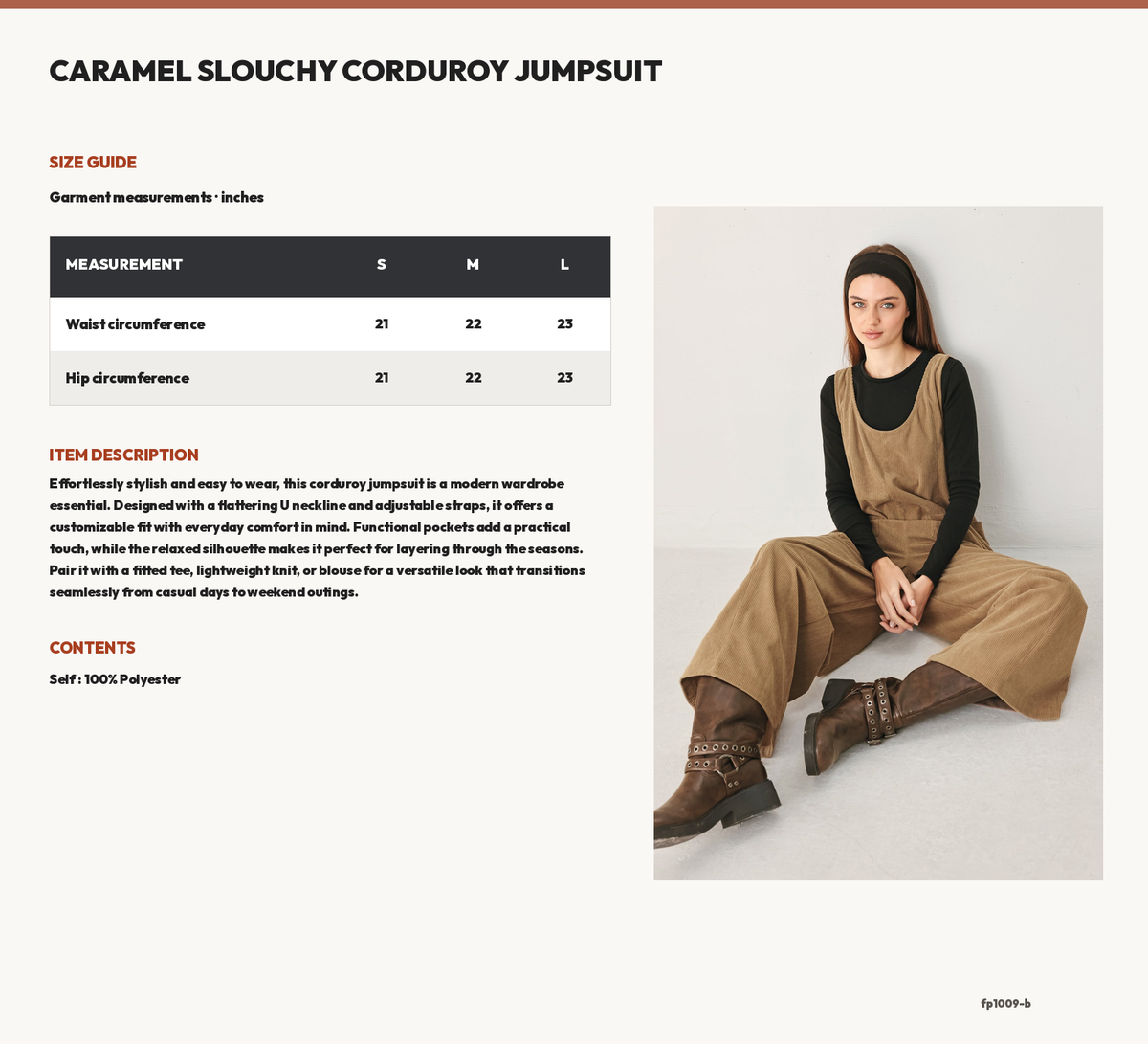 CARAMEL SLOUCHY CORDUROY JUMPSUIT size chart