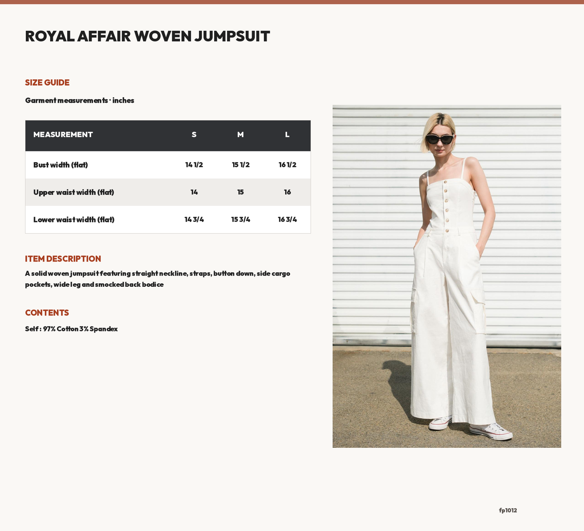 ROYAL AFFAIR WOVEN JUMPSUIT size chart