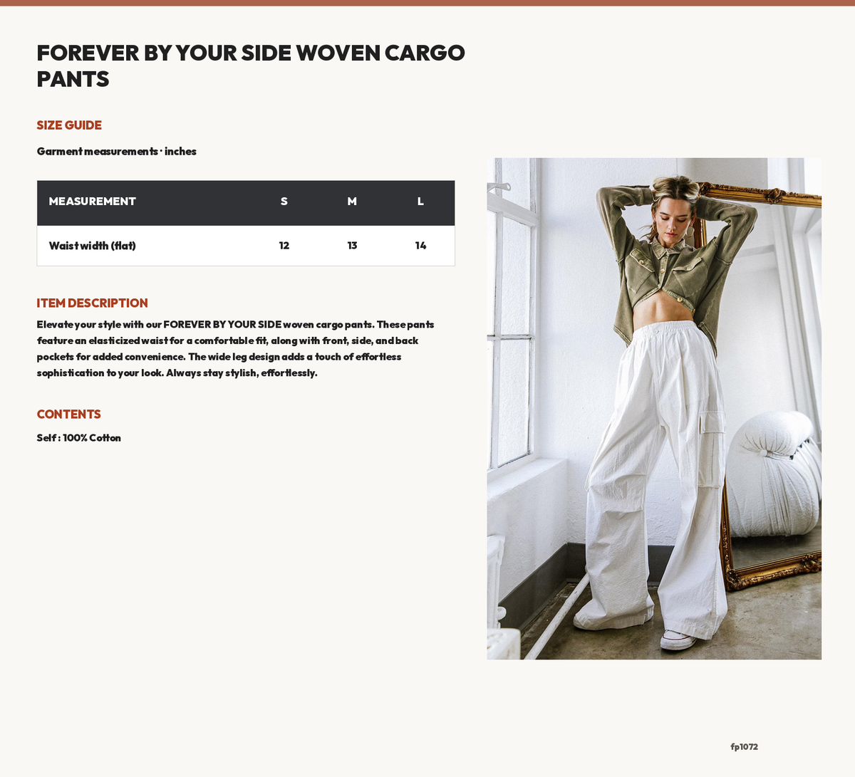 FOREVER BY YOUR SIDE WOVEN CARGO PANTS size chart