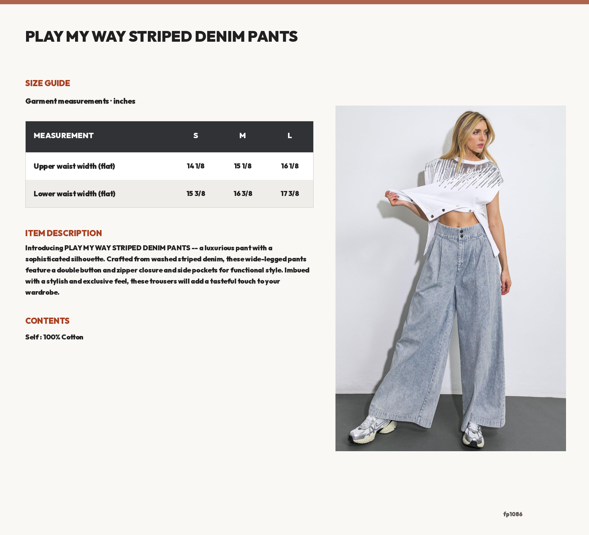 PLAY MY WAY STRIPED DENIM PANTS size chart