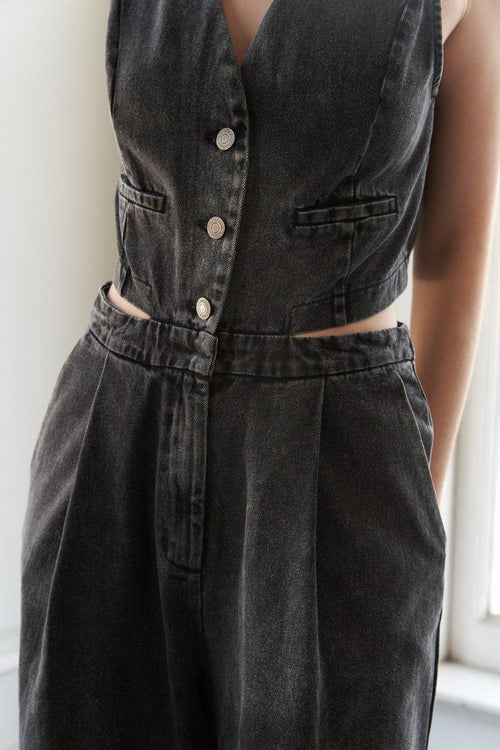 RAIN OR SHINE DENIM JUMPSUIT.