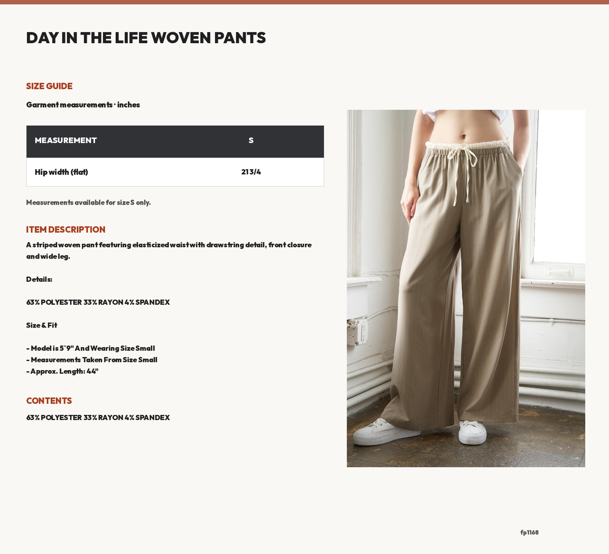 DAY IN THE LIFE WOVEN PANTS size chart
