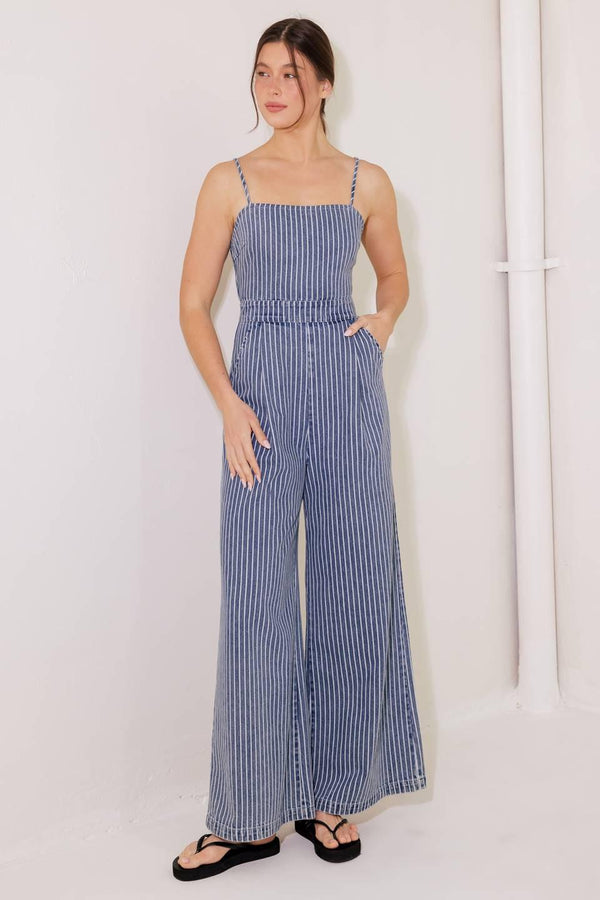BEGIN AGAIN BLUE DENIM JUMPSUIT.