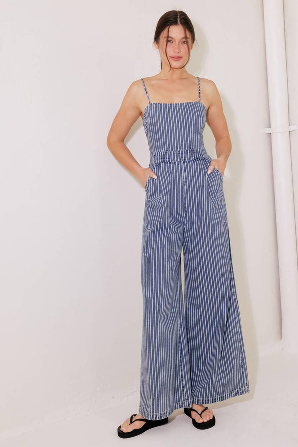 BEGIN AGAIN BLUE DENIM JUMPSUIT.
