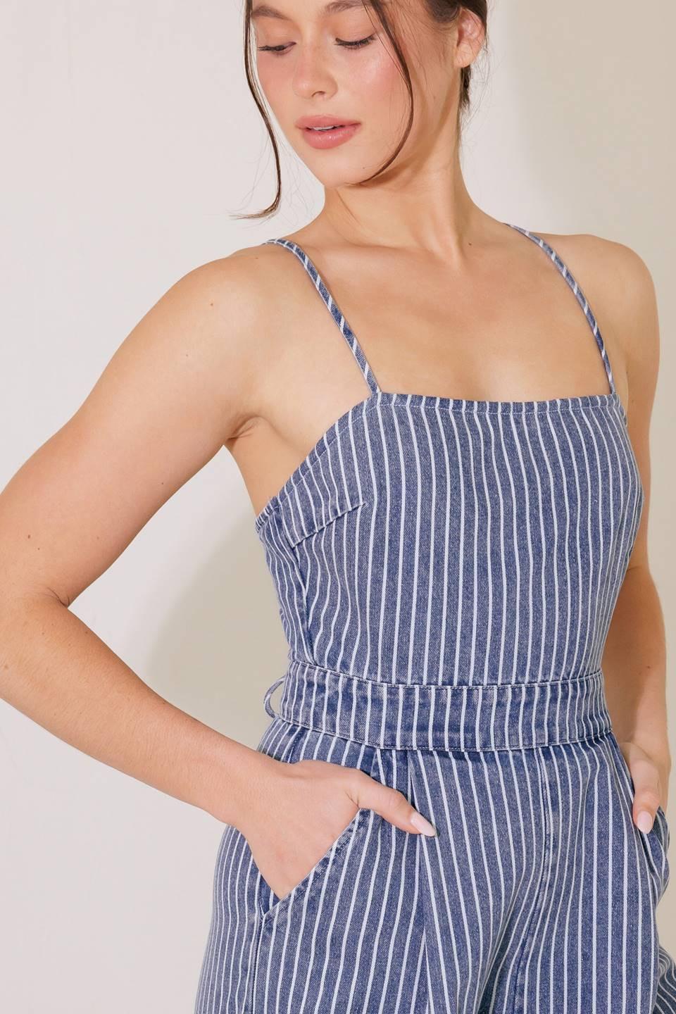 BEGIN AGAIN BLUE DENIM JUMPSUIT.