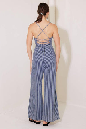 BEGIN AGAIN BLUE DENIM JUMPSUIT.