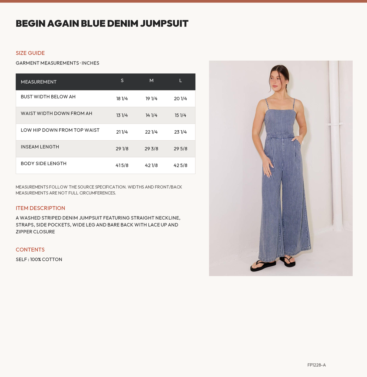 BEGIN AGAIN BLUE DENIM JUMPSUIT size chart