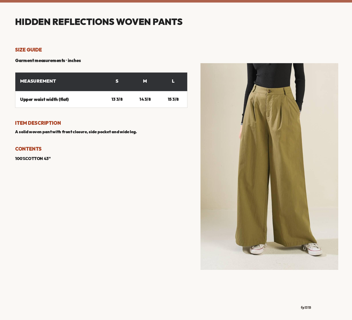 HIDDEN REFLECTIONS WOVEN PANTS size chart