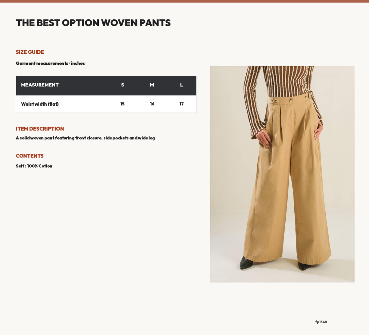 THE BEST OPTION WOVEN PANTS size chart