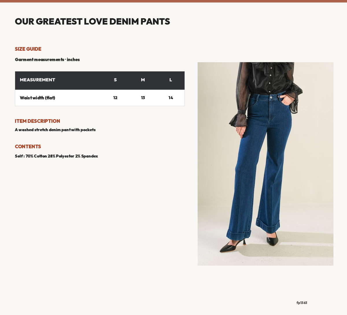 OUR GREATEST LOVE DENIM PANTS size chart