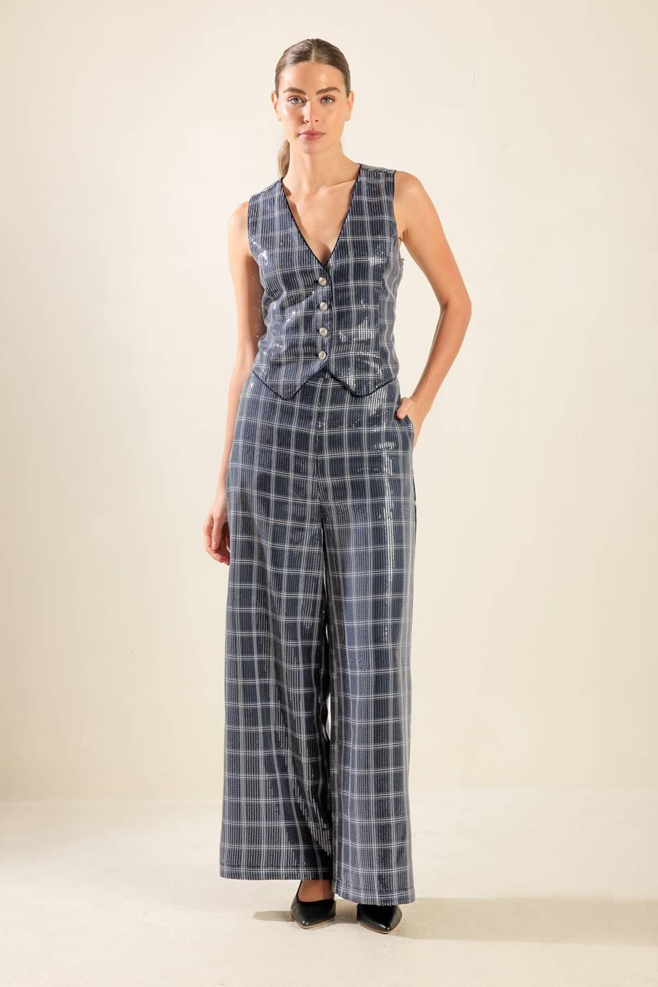 TRAVELING FAR NAVY SEQUIN PANTS.