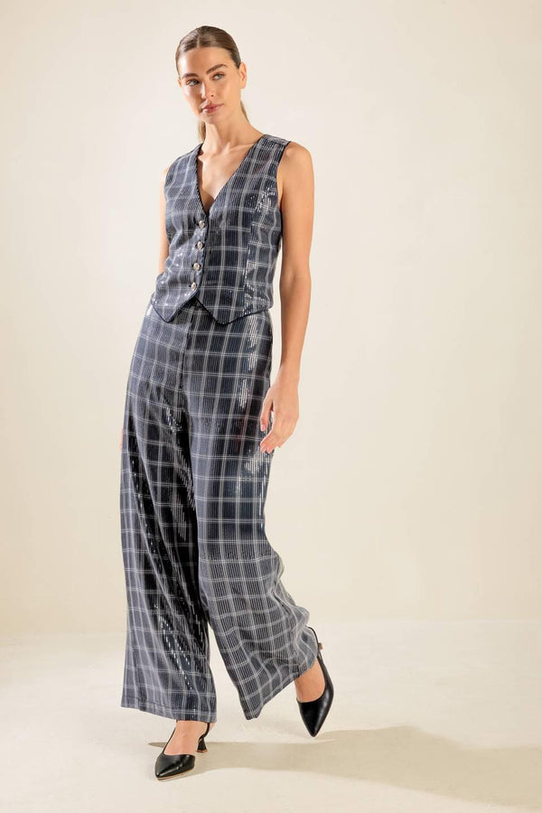 TRAVELING FAR NAVY SEQUIN PANTS.