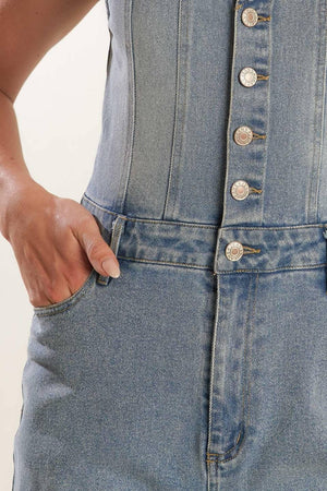 WALK WITH ME DENIM JUMPSUIT.