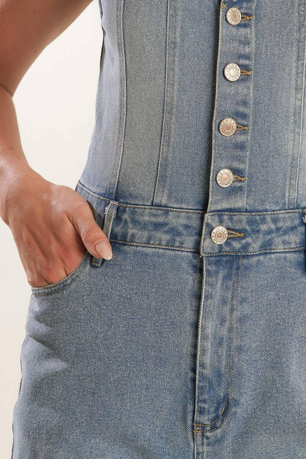 WALK WITH ME DENIM JUMPSUIT.