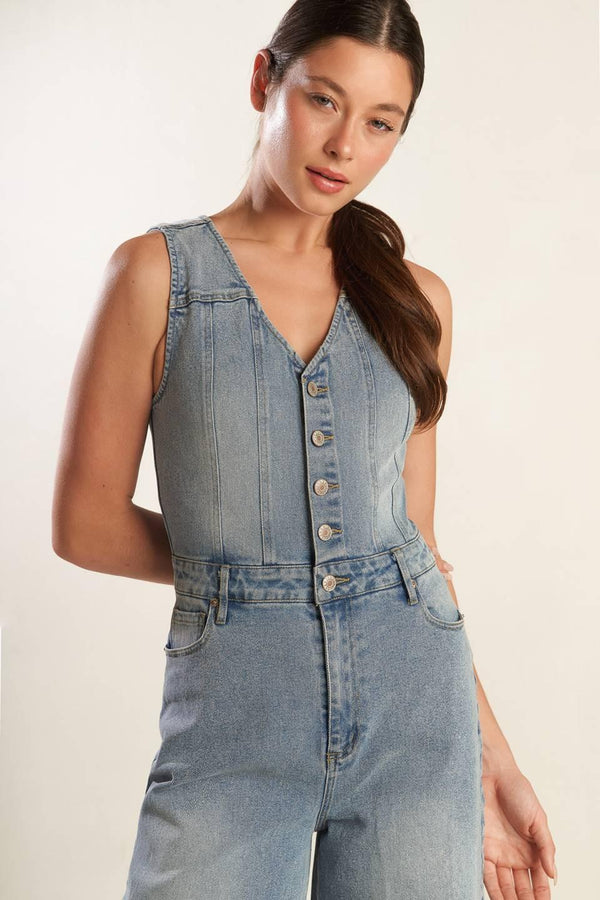 WALK WITH ME DENIM JUMPSUIT.
