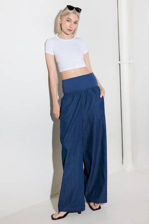 A chambray pant/jumpsuit 2fer with ribbed band and side pocket.