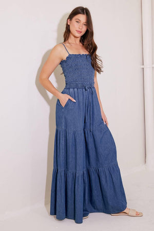 FEELING FREE INDIGO DENIM JUMPSUIT.