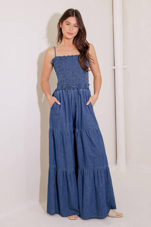 FEELING FREE INDIGO DENIM JUMPSUIT.