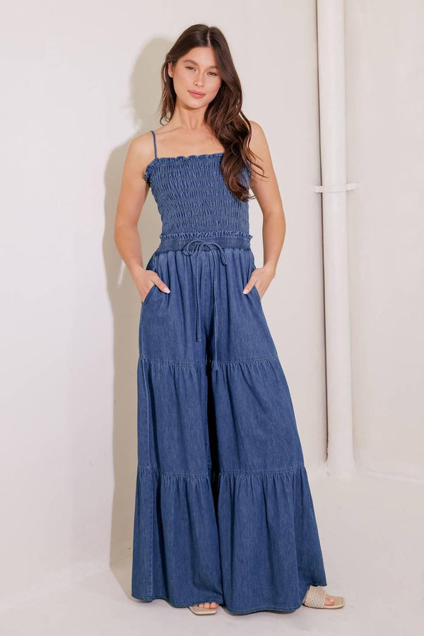 FEELING FREE INDIGO DENIM JUMPSUIT.
