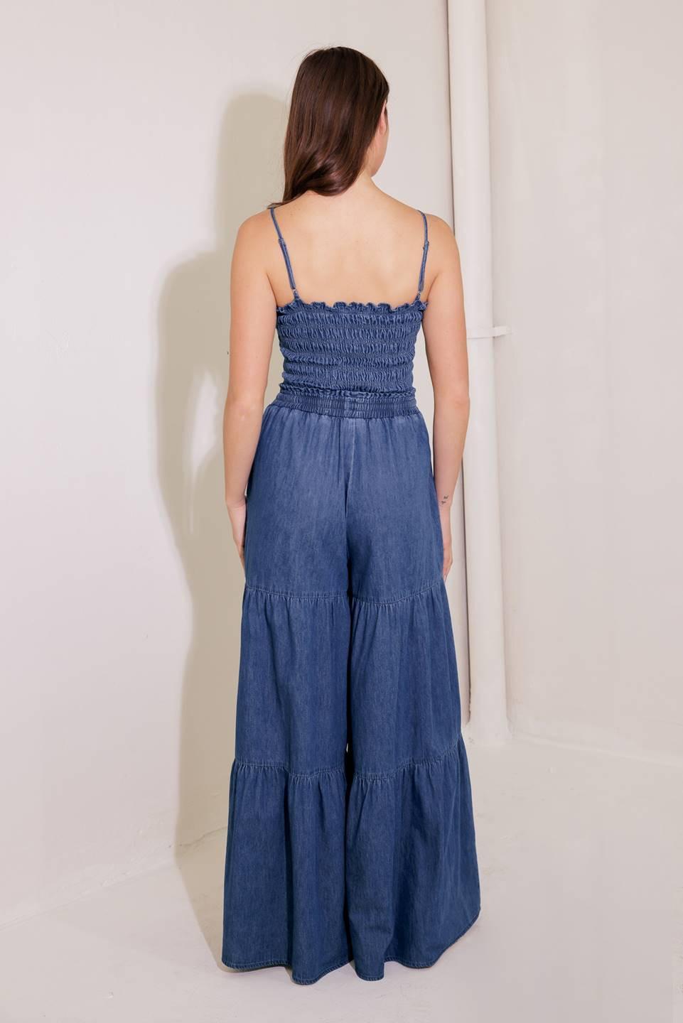 FEELING FREE INDIGO DENIM JUMPSUIT.