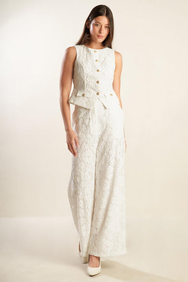 A white woven lace pant featuring side pockets, belt loops, front closure and wide leg.