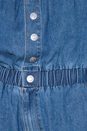 GRACEFULLY WRAPPED MEDIUM DENIM ROMPER.