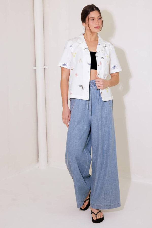 RIVERSIDE SIPS LIGHT INDIGO CHAMBRAY PANTS.