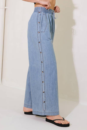 RIVERSIDE SIPS LIGHT INDIGO CHAMBRAY PANTS.