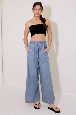 RIVERSIDE SIPS LIGHT INDIGO CHAMBRAY PANTS.