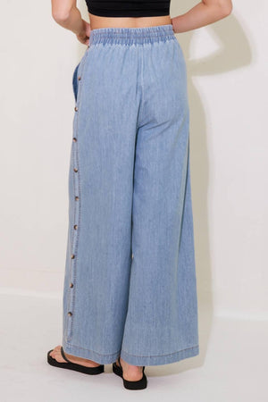 RIVERSIDE SIPS LIGHT INDIGO CHAMBRAY PANTS.