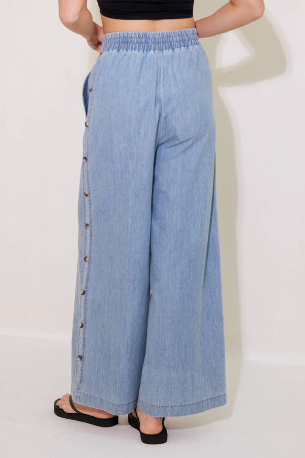 RIVERSIDE SIPS LIGHT INDIGO CHAMBRAY PANTS.