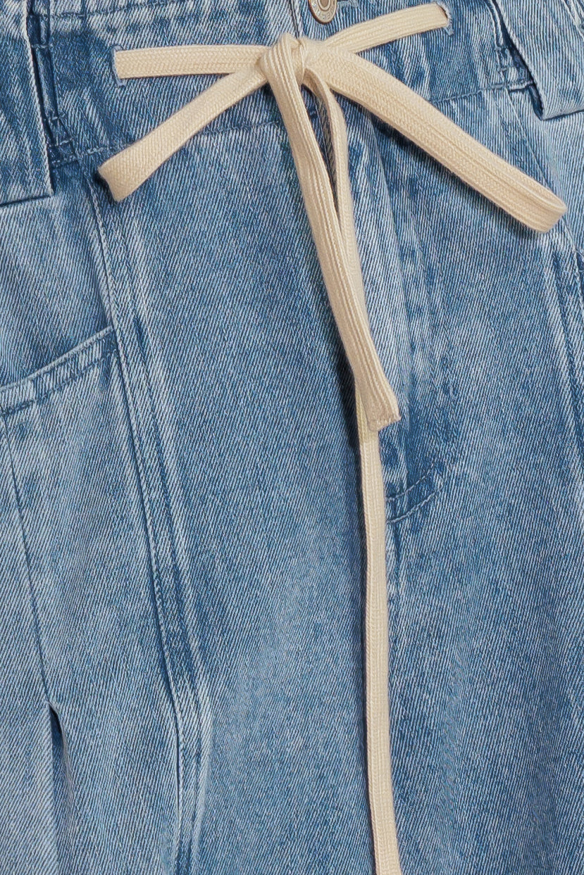 A washed denim pant featuring front closure, elasticized waist with contrasting tie, side pocket and wide leg

Details:

Self : 85% Cotton 15% Polyester

Size &amp; Fit

- Model is 5`8" And Wearing Size Small
- Measurements Taken From Size Small
- Approx. Length: 45" Flying Tomato