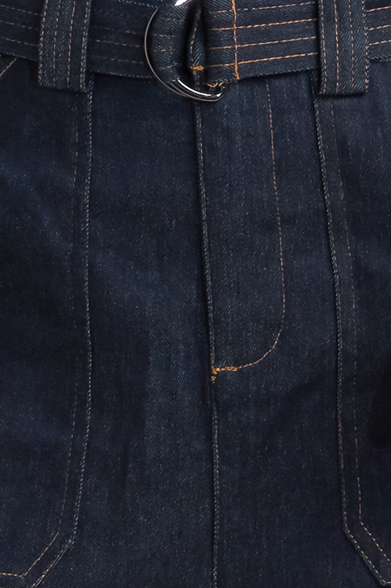 A denim pant featuring front closure, side pockets, self belt and wide