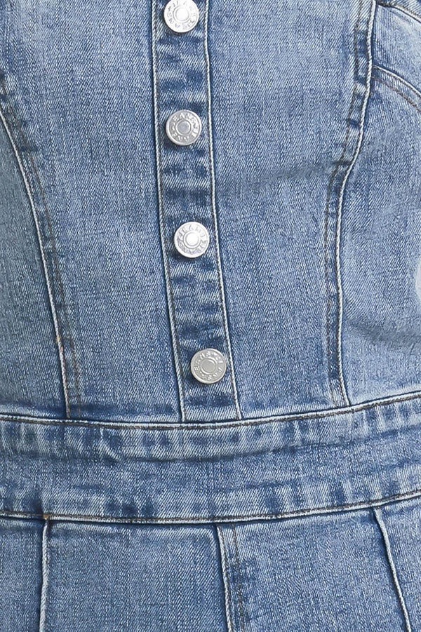 URBAN STRAPLESS DENIM JUMPSUIT.