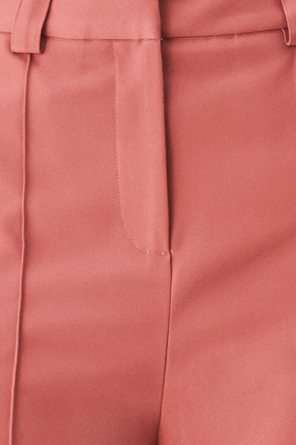 Woman wearing pink mauve woven wide-leg  trouser pants with front closure, side pockets | FREEMARKET