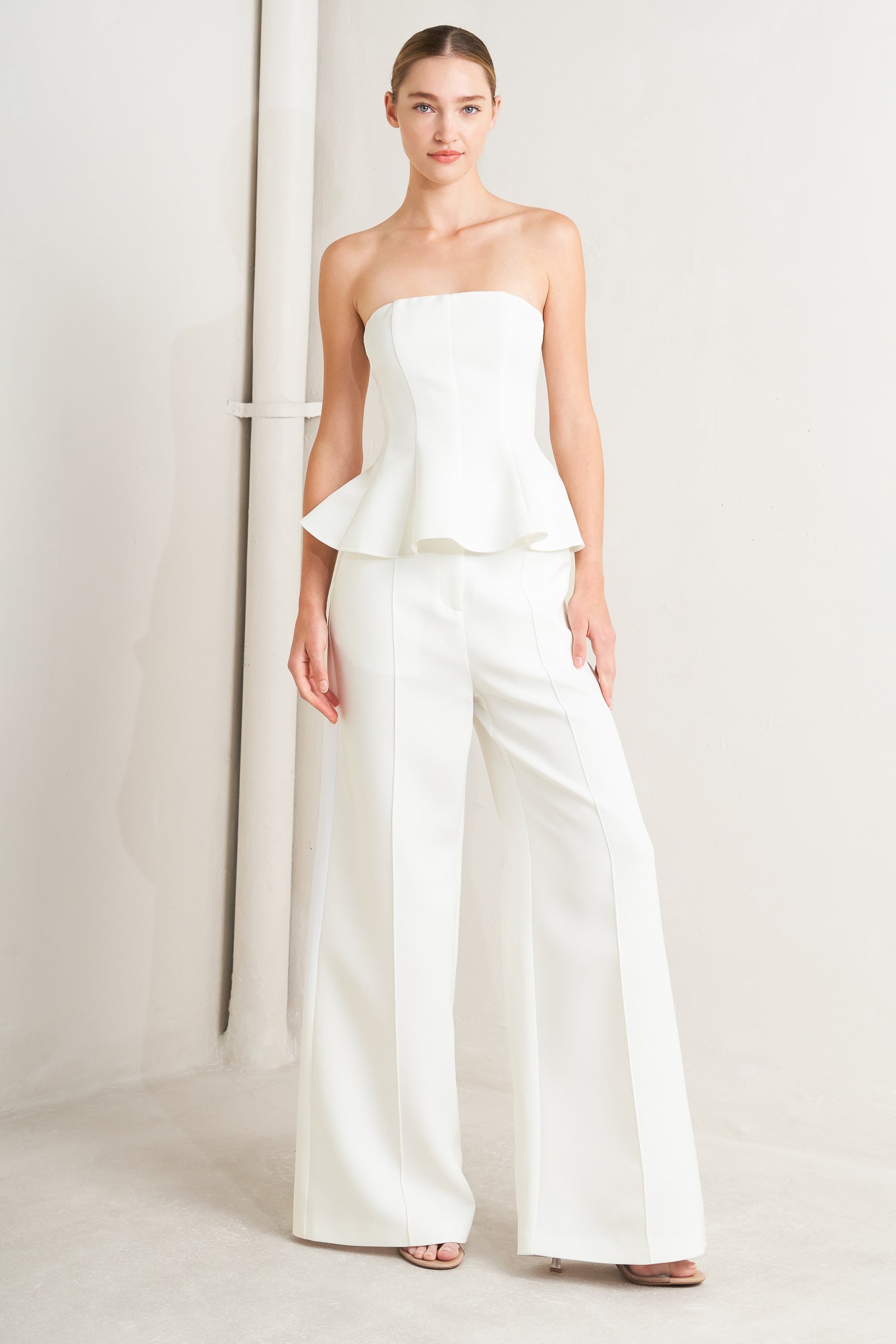White high waist wide leg pants with front seams