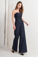 LE BONHEUR V CUT VOW DENIM JUMPSUIT.